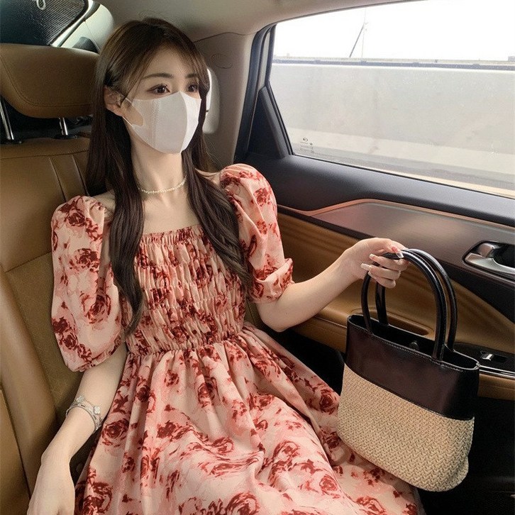 YioYcc 여름 여성 루즈핏 롱 스커트에 사각깃 로즈 원피스