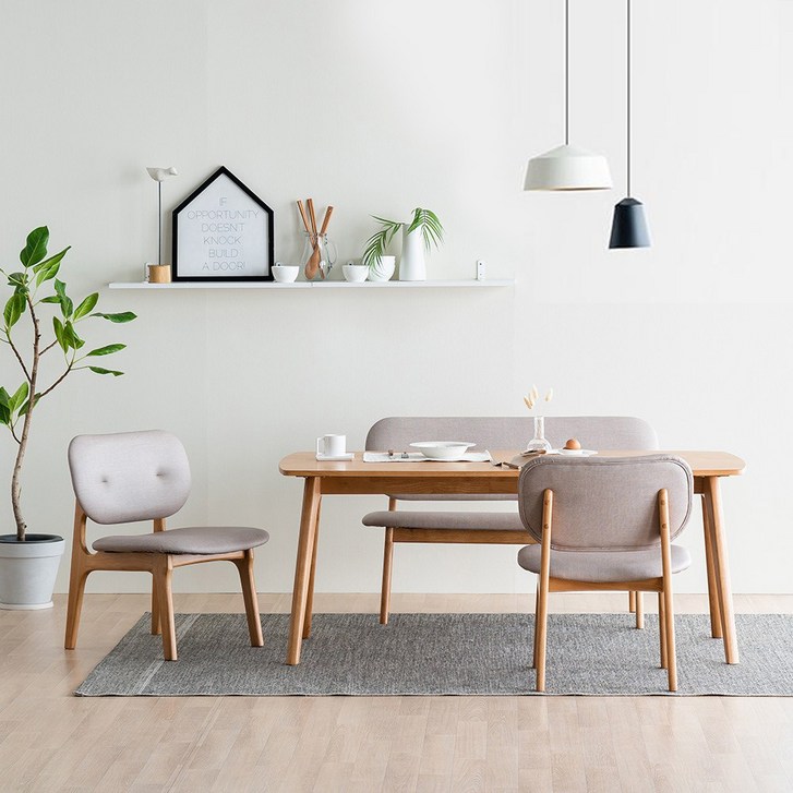 레이디가구 스칸딕 패밀리 고무나무 원목 4인용 1600 와이드형 식탁 + 벤치 + 의자 2p 세트 방문설치