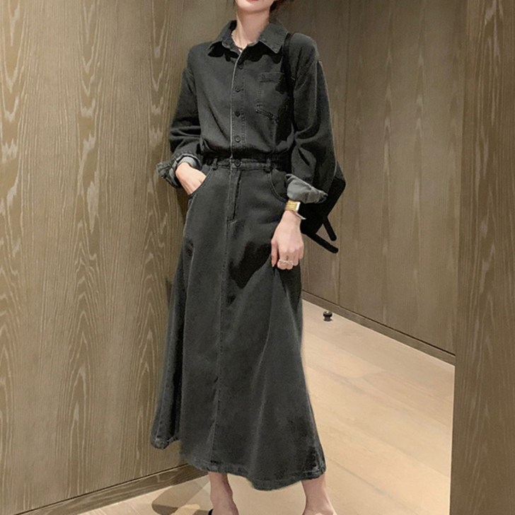 페이퍼먼츠 카라넥 데님 셔츠형 데일리 롱 원피스 02711 페이퍼먼츠 카라넥 데님 셔츠형 데일리 롱 원피스 02711