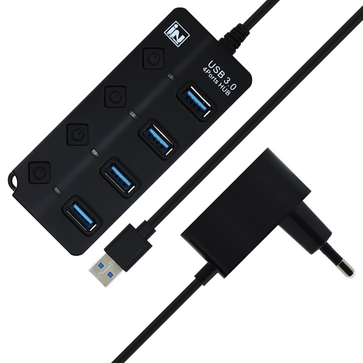 인네트워크 USB 3.0 지원 개별전원 스위치 4포트 확장 유전원 USB허브 INPW3U4BK, 1개, 1mm