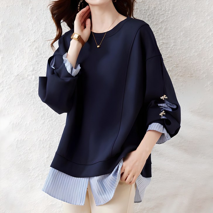 아뗄릭 여성용 빅사이즈 라운드넥 스트라이프 셔츠 긴팔 스웨터 14453