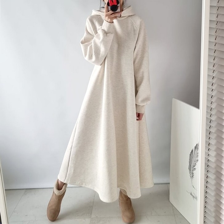 에이나인 벨라 데일리 플레어 후드 롱원피스 루즈핏