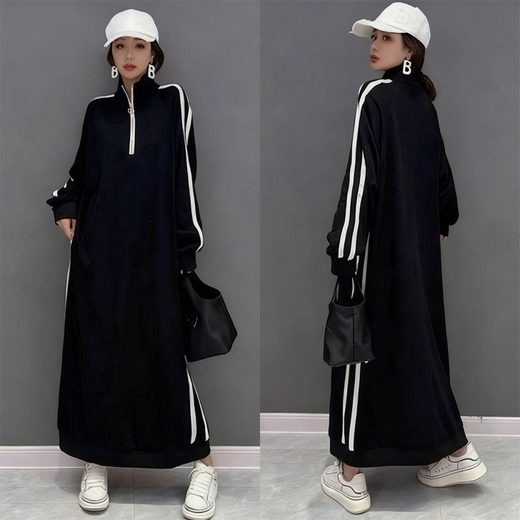 오스틱니 150kg까지 날씬해보이는 원피스 여성 가을 스트라이프 반집업 칼라 제인드 맨투맨 오버핏 이너 긴팔 캐주얼 패션 데일리 클래식배색 빅사이즈 오버사이즈 롱 원피스