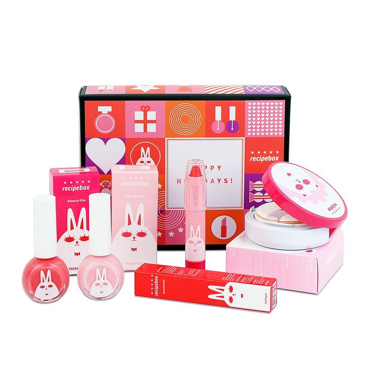 레시피박스 어린이 화장품 메이크업 스페셜 프린세스 선물 세트, 매니큐어보타니칼핑크체리블라썸선쿠션립크레용, 1세트