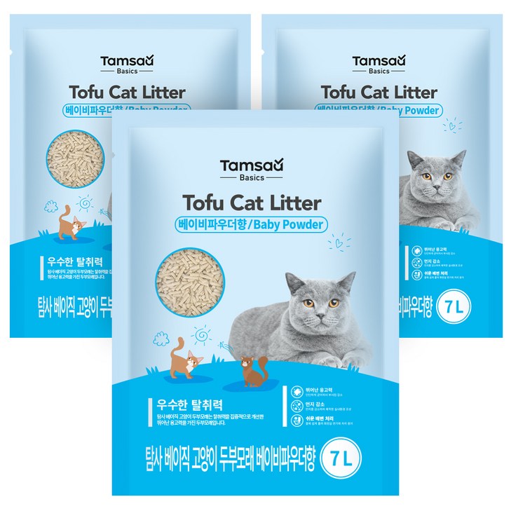 탐사 베이직 프리미엄 고양이 두부모래 베이비파우더향, 7L, 3개 탐사 베이직 프리미엄 고양이 두부모래 베이비파우더향, 7L, 3개