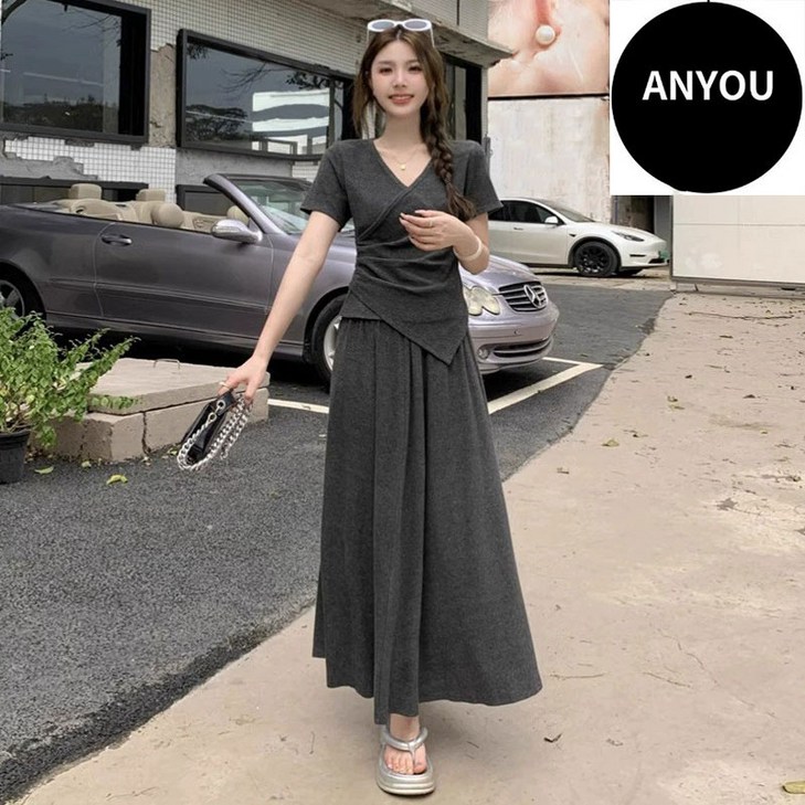ANYOU 여성 세트 여름 반팔 상의+스커트 세트