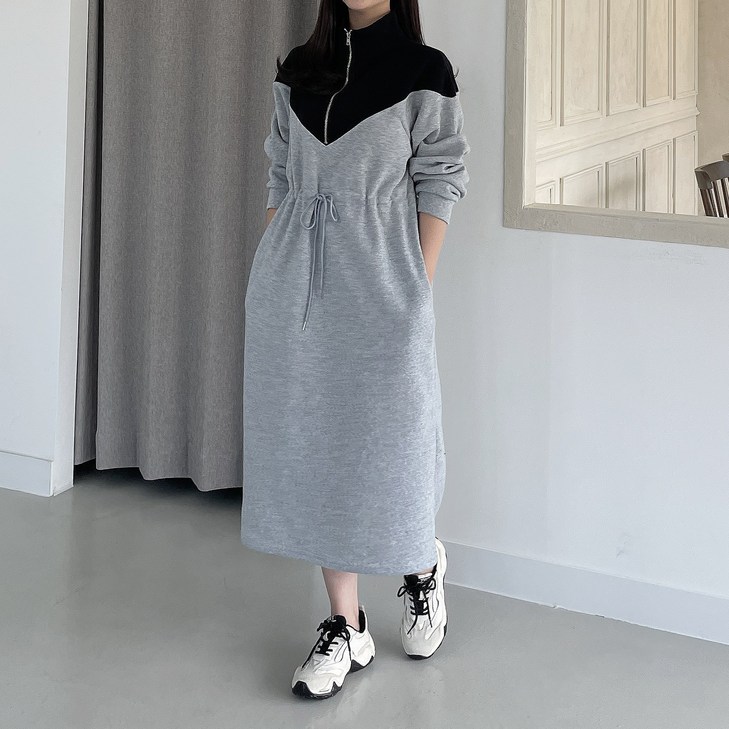 센츠 배색 반집업 스트링 루즈핏 기모 원피스