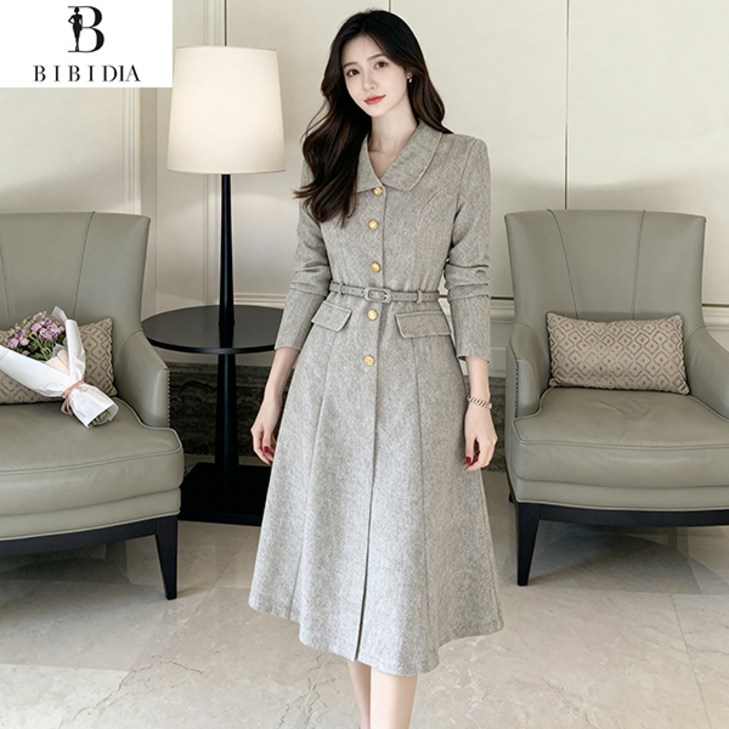 비비디아 여성 봄 가을 클래식 카라넥 금장버튼 플레어핏 하객룩 오피스룩 원피스 데일리룩벨트포함5573