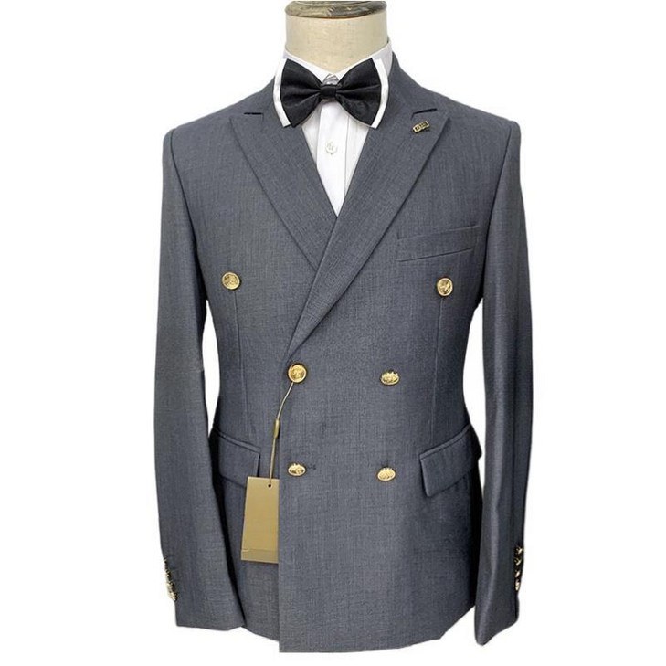 남자 양복 순색 두 벌 금색 더블 버튼 플랫 반박 칼라 큰 사이즈 양복 가벼운 비즈니스 사계절