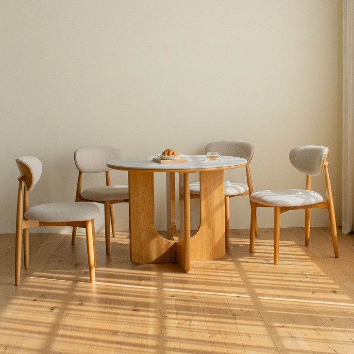 오아르 론 원목 원형 세라믹 4인 식탁세트 1000 의자4, 클라우드 화이트 연그레이오크 내추럴