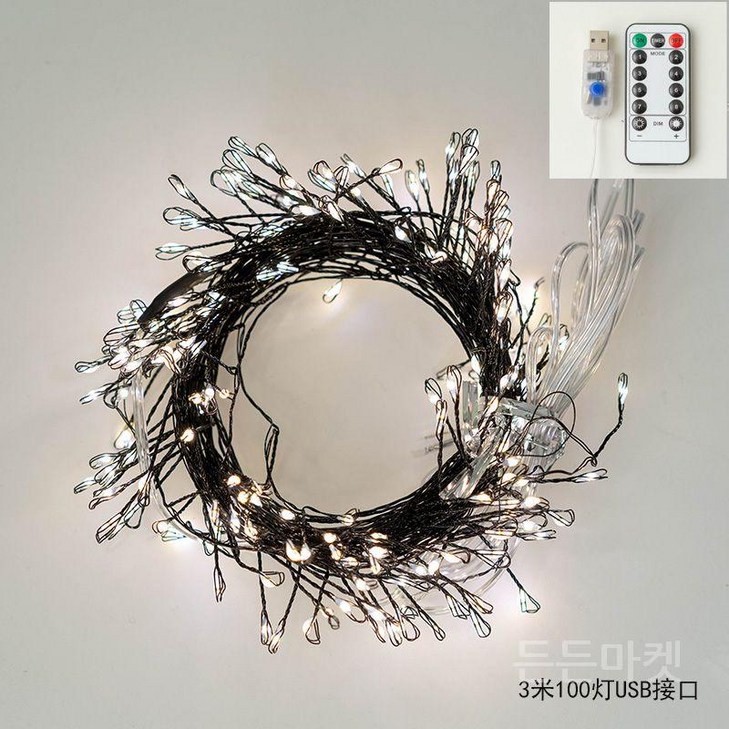 크리스마스 와이어 전구 지네전구 200구 LED 조명 리모컨 포함 트리 꾸미기 장식, 3m 100구 블랙 와이어  리모콘포함