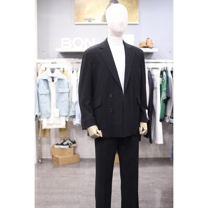 BON 캐주얼 정장 BN4ME274T374BK 블랙 플리츠 세미오버핏 더블 셋업 수트