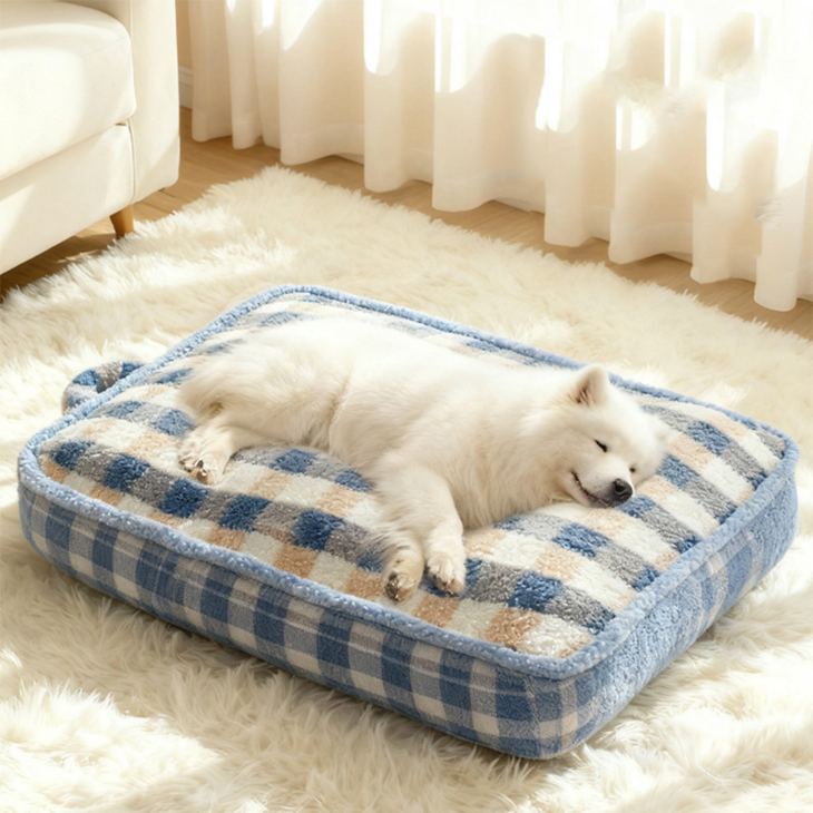 허니버블 반려동물 체크무늬 손잡이형 사각 방석 쿠션 매트