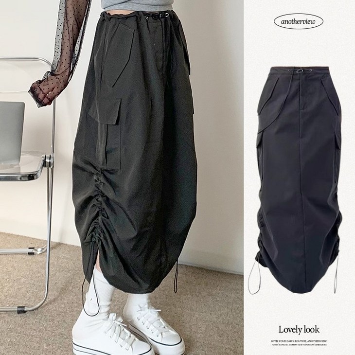 어나더뷰 2596 허리조절 바스락 셔링 카고 롱 스커트 롱치마 스트링 옆셔링 나일론 치마 고프코어