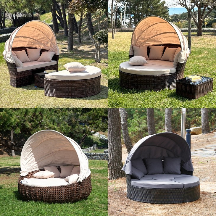 라트 코타키나발루 라탄 원형 썬베드 데이베드 야외테이블세트, 다크브라운다크그레이