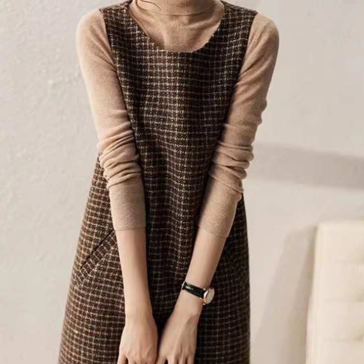 에버리씽 여성 레이어드 체크 민소매 베스트 원피스 Q9423