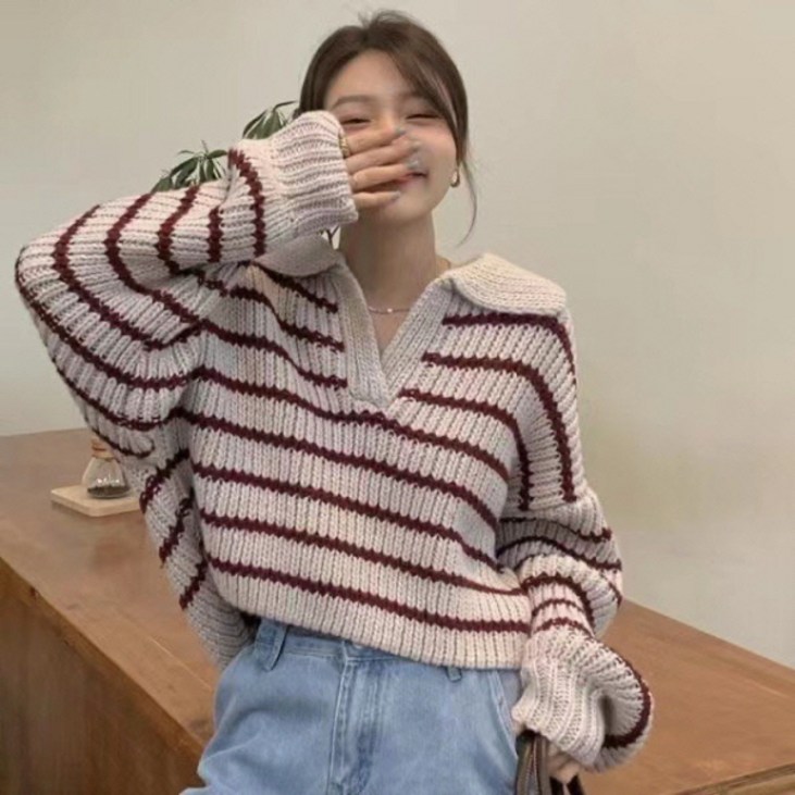 피어니스트 여성용 줄무늬 카라 니트 스웨터