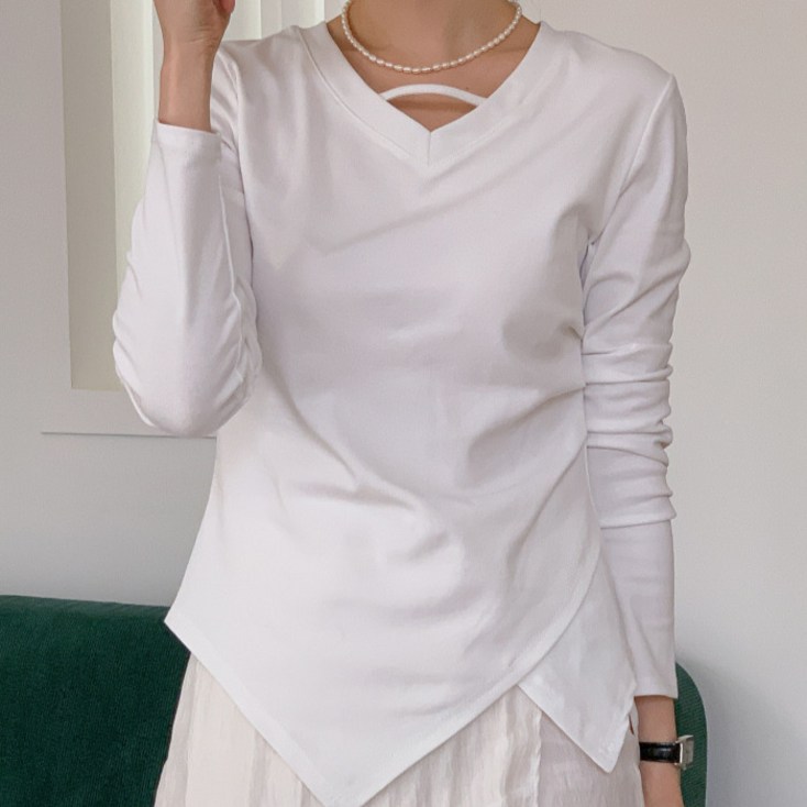 다미타니 면 스판 브이넥 옆셔링 긴팔 티셔츠 OCZ0960
