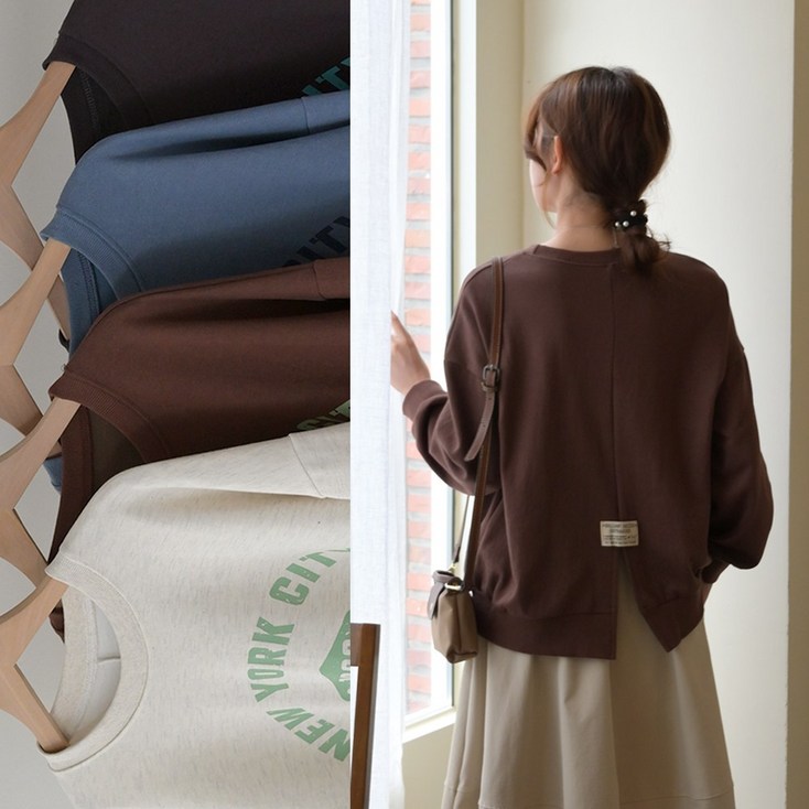 데일리앤 슈피 여성 레터링 프린팅 트임 라벨 맨투맨 가을 쭈리 면 티셔츠 루즈핏 스웻셔츠