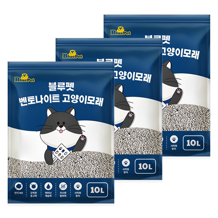 블루펫 응고형 벤토나이트 고양이 모래, 10L, 3개, 무향 블루펫 응고형 벤토나이트 고양이 모래, 10L, 3개, 무향