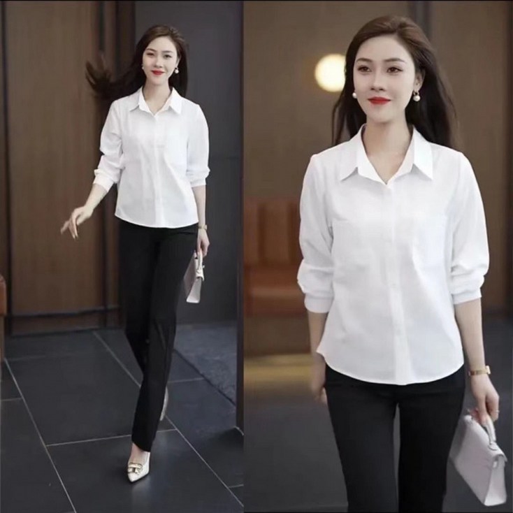 해피유통 여성 출근룩 기본핏 화이트 셔츠 긴팔 셔츠형 블라우스 클래식 카라 슬림핏XG13