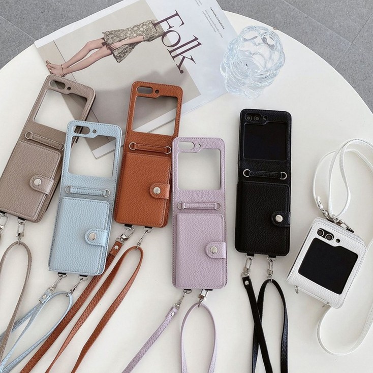가죽 패턴 카드 지갑 제트플립 폰케이스 목걸이 줄 스트랩 단색 디자인 Z플립 케이스