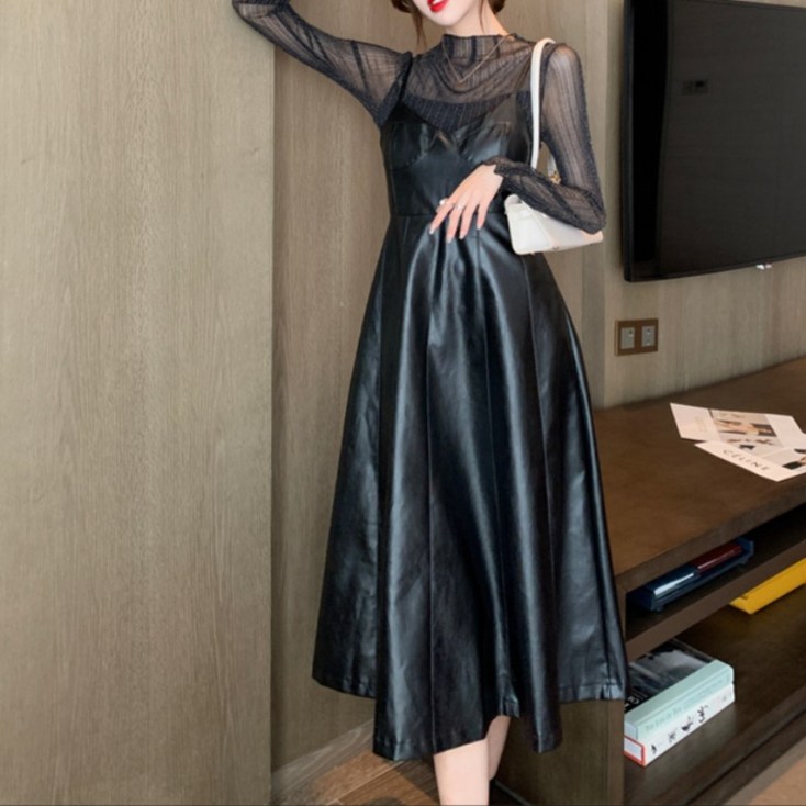 시크마녀 가죽 원피스 77사이즈 뷔스티에 레이어드 하객룩 결혼식