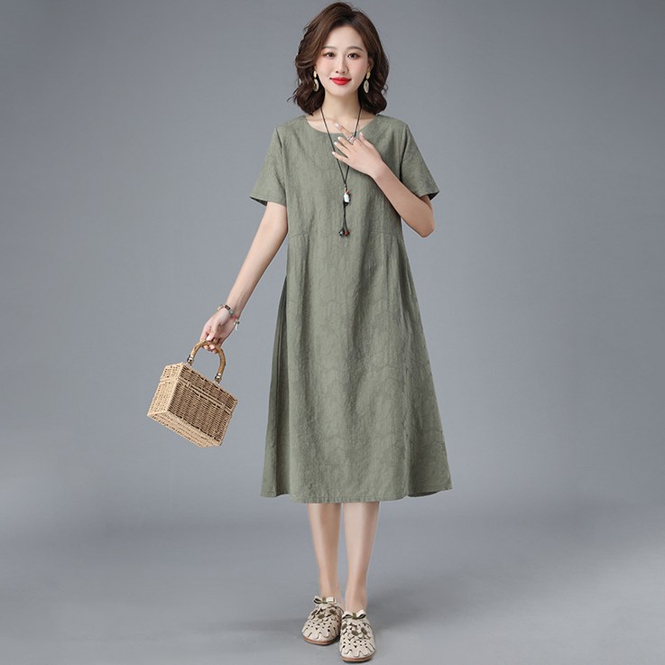 POMTOR 여성 라운드넥 Zacar 반팔 면마 자카르 린넨 롱 원피스 POMTOR 여성 라운드넥 Zacar 반팔 면마 자카르 린넨 롱 원피스