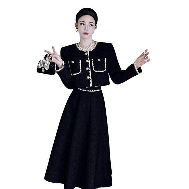 셀럽당 여성용 노카라 긴팔 크롭자켓+A라인 롱스커트 투피스 패션 세미정장세트 F01514