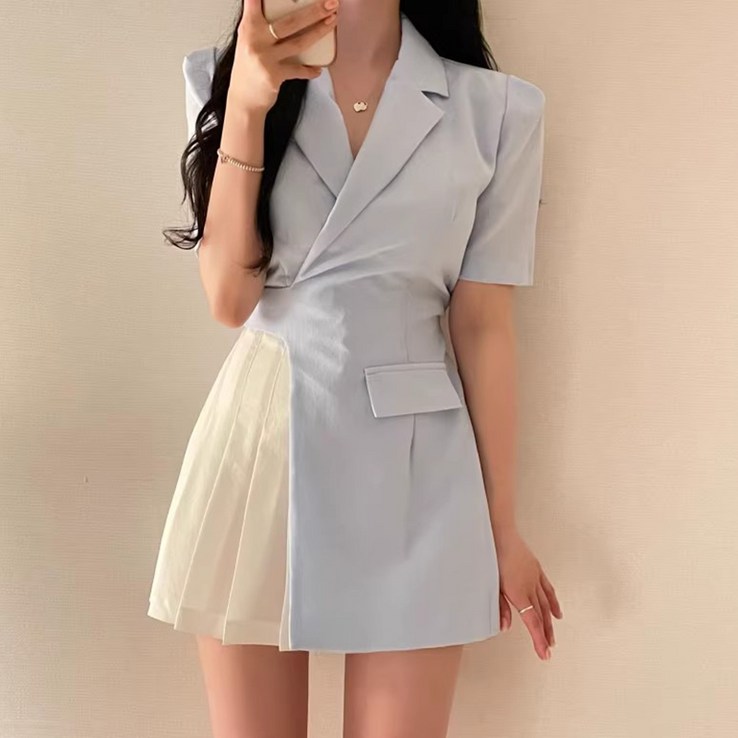 예쁨시전 배색 크로스 허리스트랩 반팔 셔츠 미니 원피스 예쁨시전 배색 크로스 허리스트랩 반팔 셔츠 미니 원피스