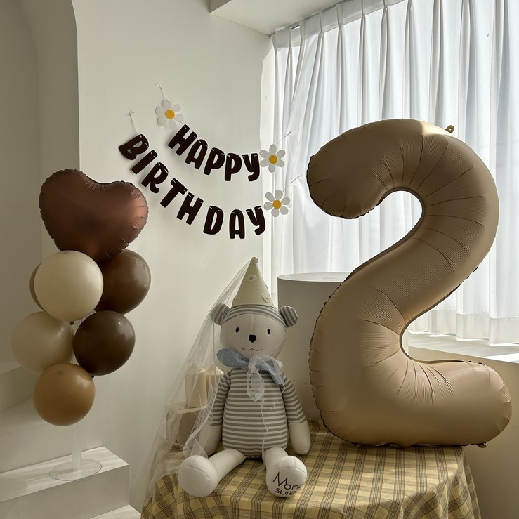 하피블리 두돌 생일상 숫자 풍선 생일 파티 용품 세트, 생일가랜드브라운