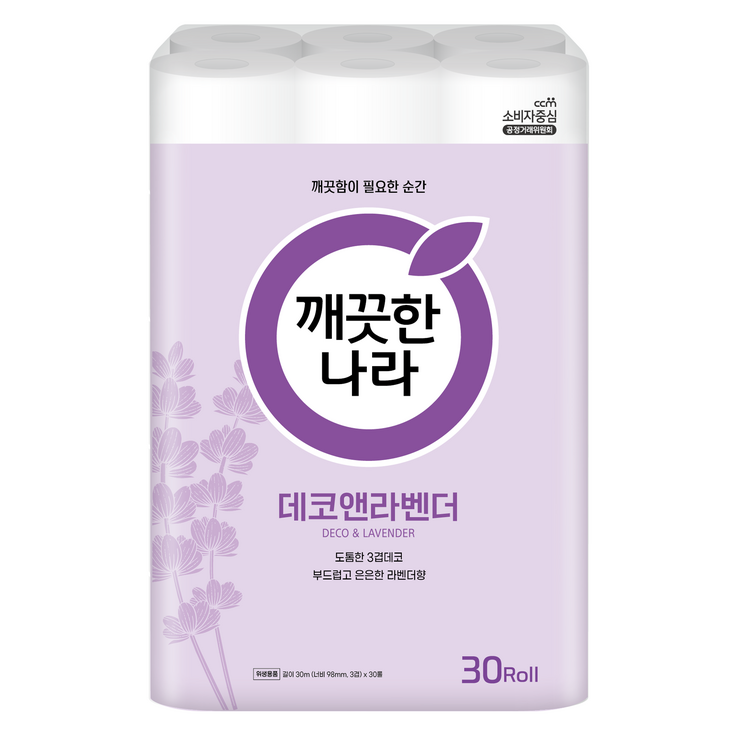 깨끗한나라 데코앤라벤더 3겹 롤화장지, 30m, 30개입, 1개 깨끗한나라 데코앤라벤더 3겹 롤화장지, 30m, 30개입, 1개
