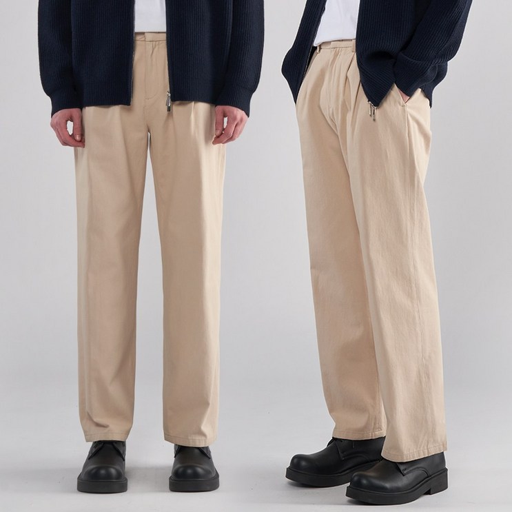 팀스핏품질보증 남성용 3038 빅사이즈 투턱 세미 와이드 코튼 면바지 치노팬츠