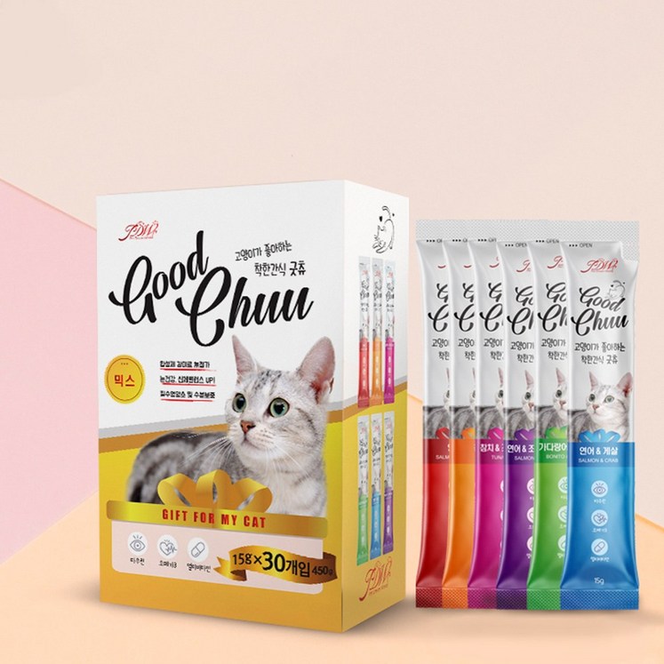 굿츄 6가지맛혼합 15g x 60개 착한간식 짜먹는 고양이간식, 참치60개