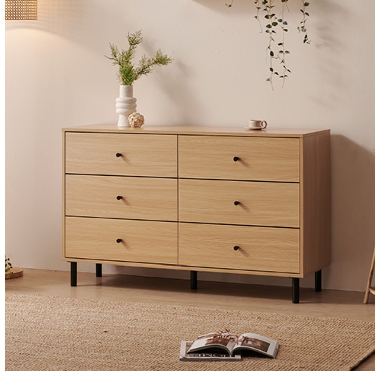 리디아 1200 6단 와이드 서랍장 방문설치, 오크, 6개