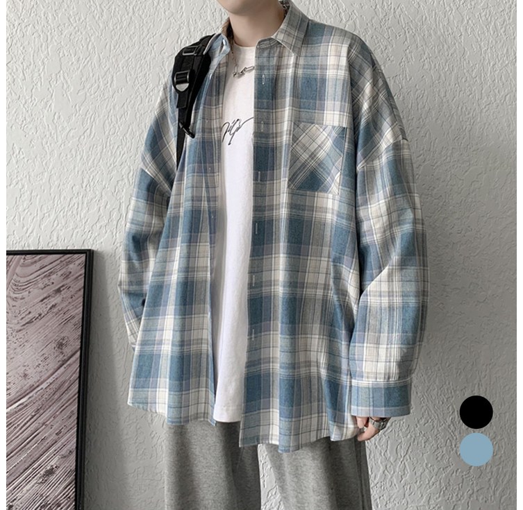 엘쏘 옴므 남성용 오버핏 사계절 체크 긴팔 남방 셔츠