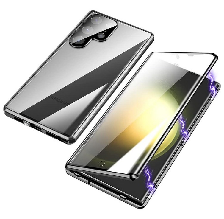 하이엑스 갤럭시 S23울트라 휴대폰 케이스 양면강화유리 투명 풀커버 마그네틱 지동흡착, 블랙, 1개