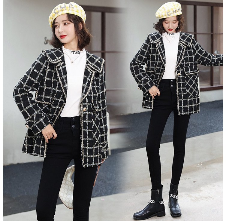 지묵 봄 패션 모직 코트 트위드 코트