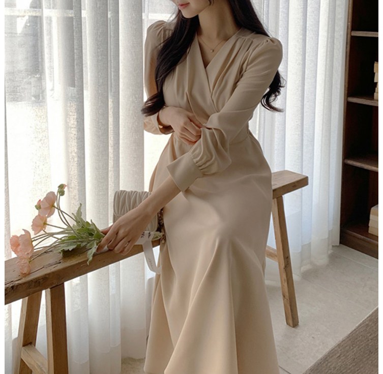 랩패턴 A 스타일 뒷밴딩 브이넥 원피스 NM0190