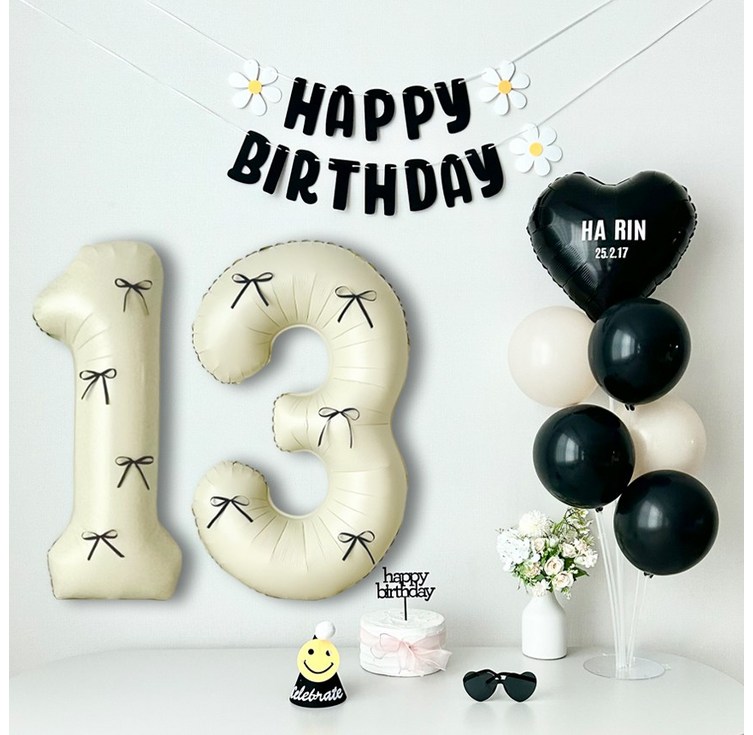 연지마켓 리본 숫자풍선 블랙 크림 생일 파티 가랜드 용품 세트자유레터링, 1세트