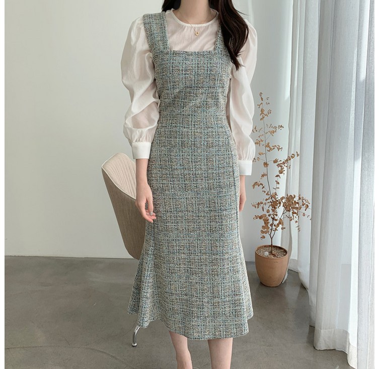 인투조이 트위드 원피스 스퀘어칼라 슬림 여성 드레스 하객룩
